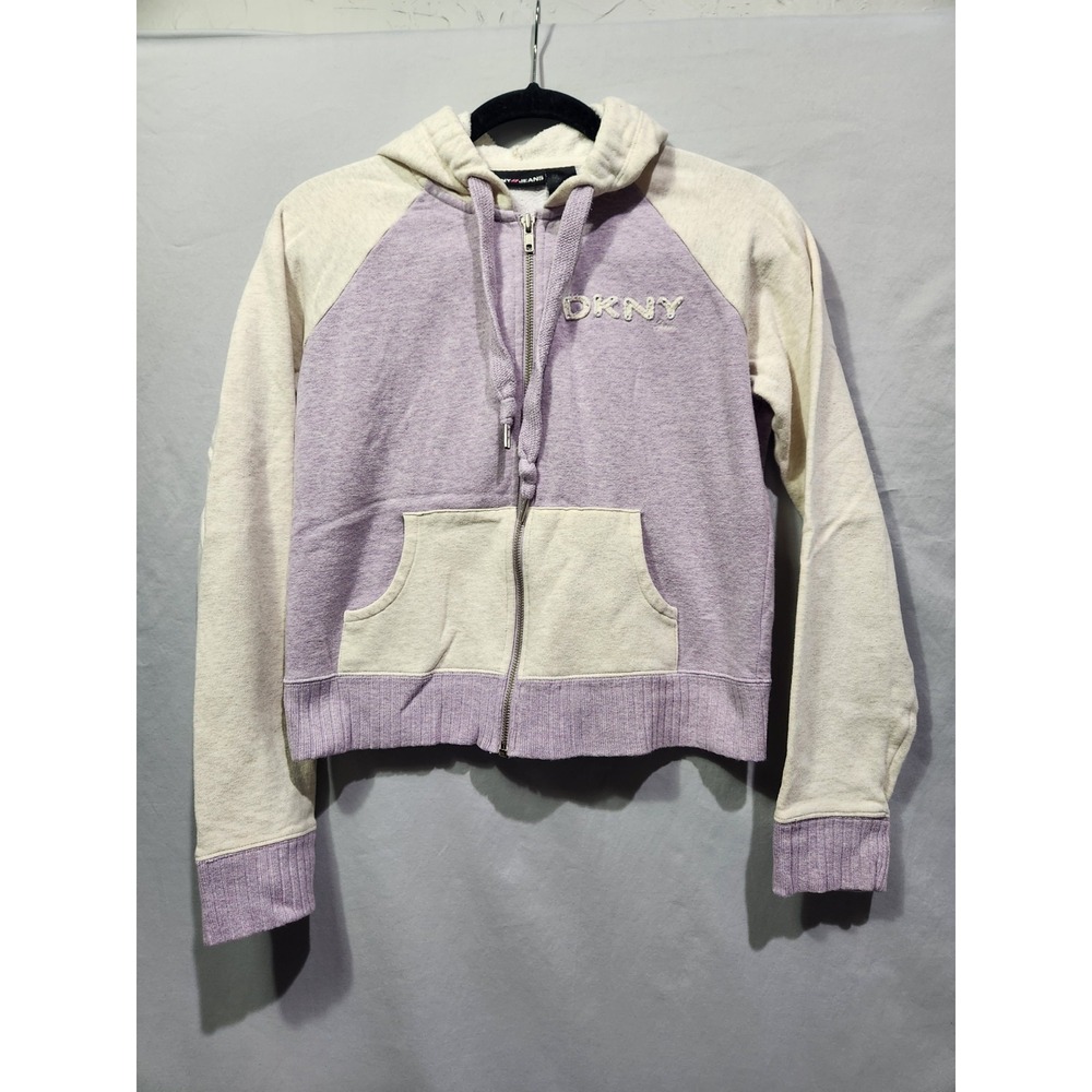 DKNY Jeans Hoodie Women LRG Purple Cream Zip Up Colorblock Rhinestone